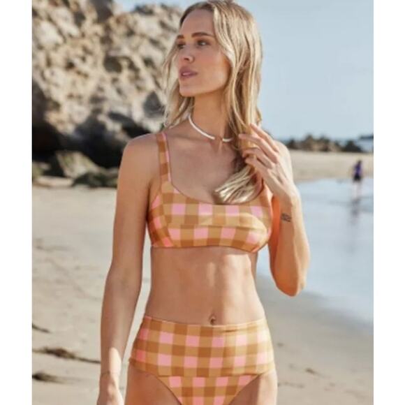 L*Space Jess Bikini Top in Brown Pink Plaid Size D NWT - Picture 1 of 6